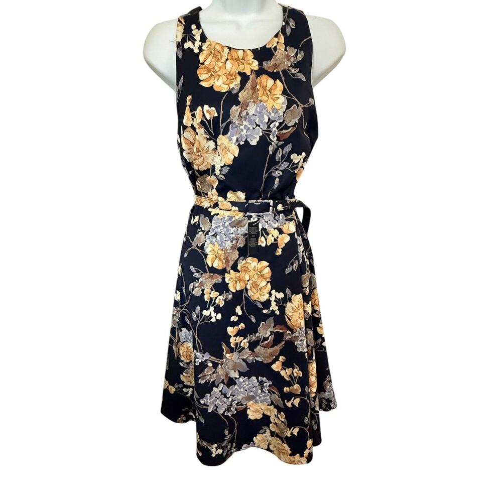 Lauren Ralph Lauren Dress 6 Navy Floral Belted Cross Back Fit Flare NWT